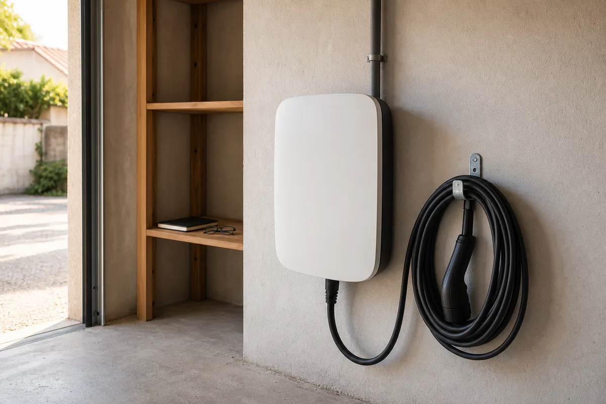 Wallbox murale blanche fixée dans le garage d&rsquo;une maison individuelle, câble de recharge enroulé
