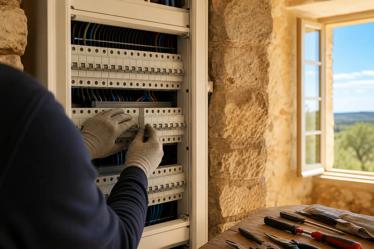 Tableau électrique moderne et gaines apparentes dans un mas provençal rénové