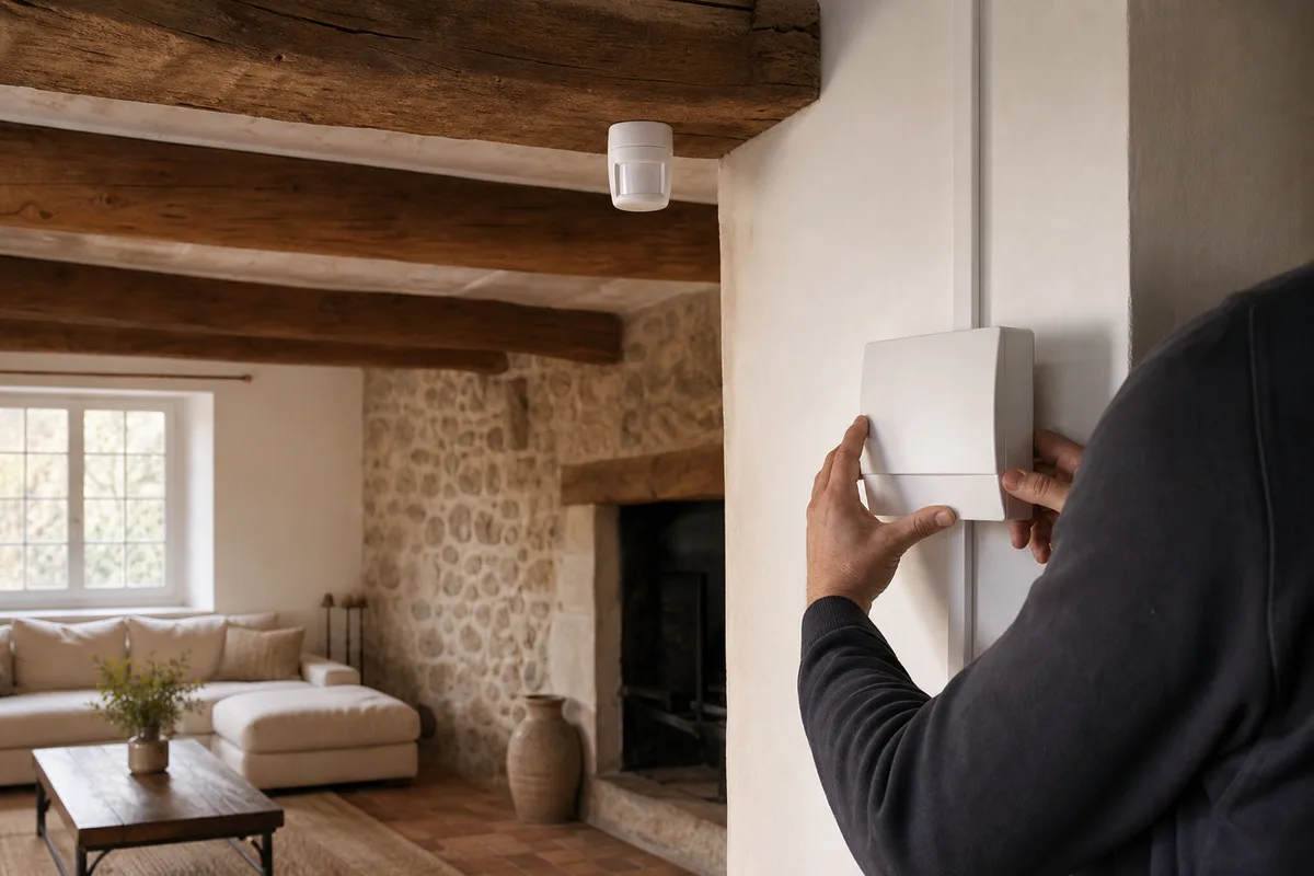 Centrale d’alarme et détecteur de mouvement installés dans le séjour d’un mas rénové de la Dracénie
