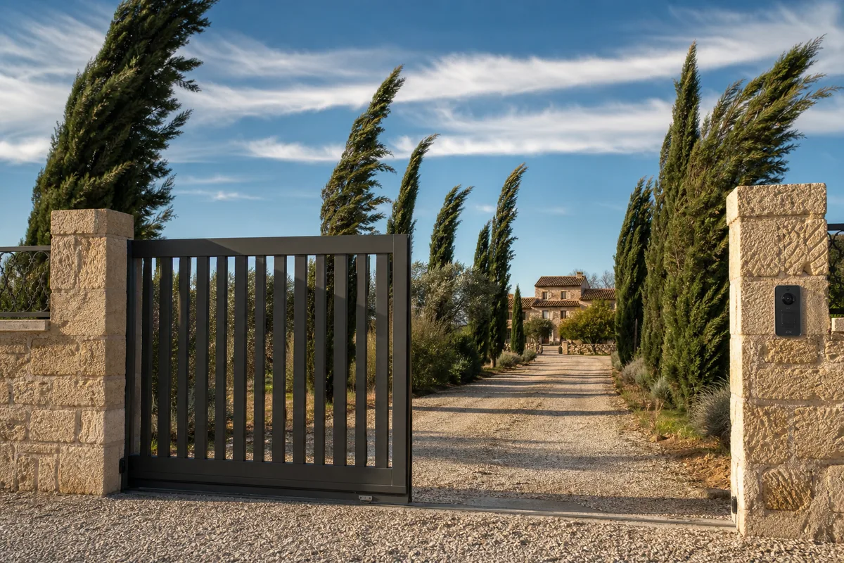 Portail coulissant motorisé et visiophone à l’entrée d’une villa provençale sous un ciel de mistral