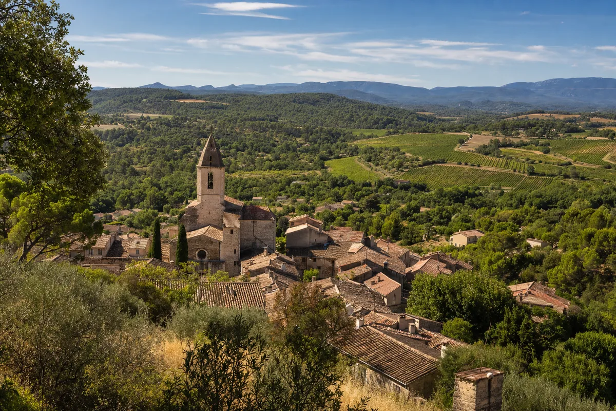 Village de la Provence verte sous la lumière chaude de l&rsquo;été, toits de tuiles et collines boisées autour de Brignoles, ciel balayé par le mistral