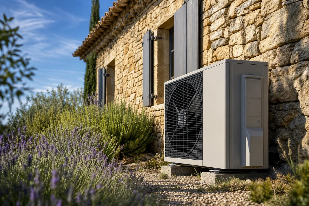 Unité intérieure de climatiseur réversible fixée sur un mur clair d&rsquo;un séjour provençal