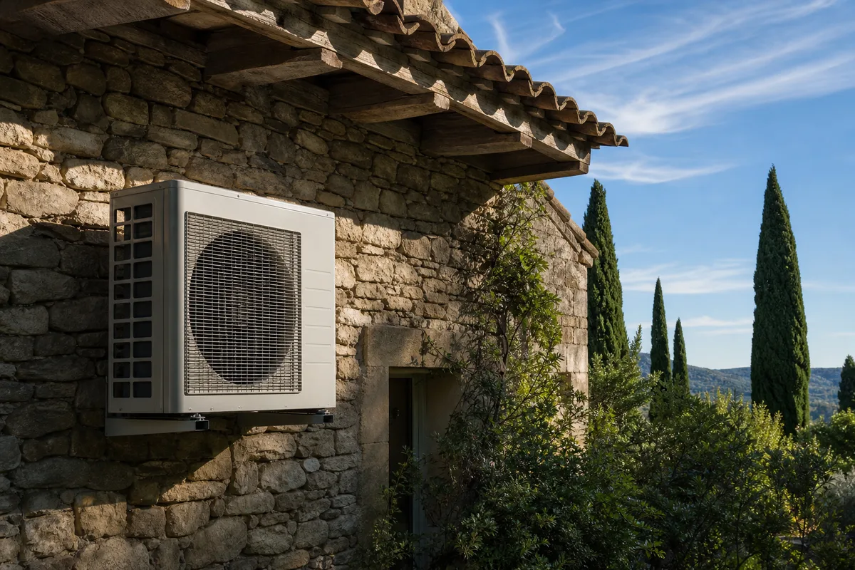 Climatiseur réversible mural fixé sur un mur en pierre d&rsquo;une villa provençale à Draguignan