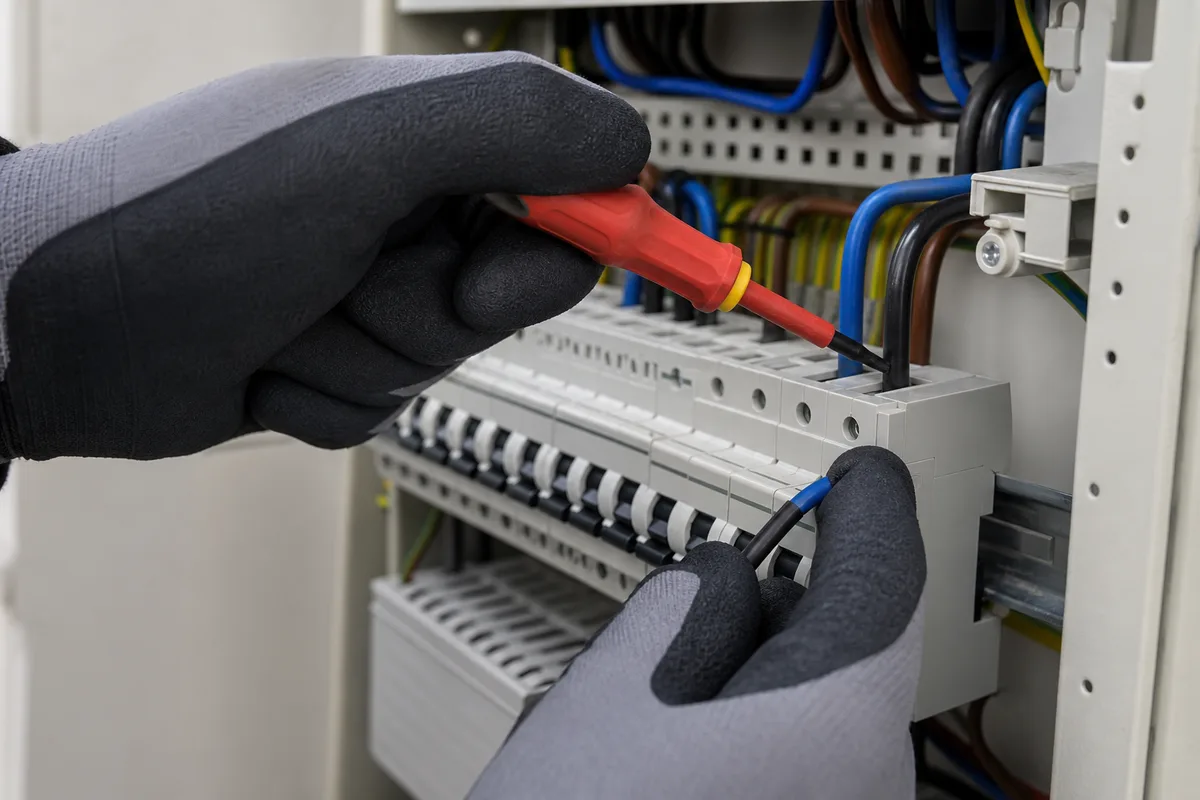 Raccordement électrique d&rsquo;un climatiseur sur un disjoncteur dédié dans un tableau, mains d&rsquo;électricien au travail