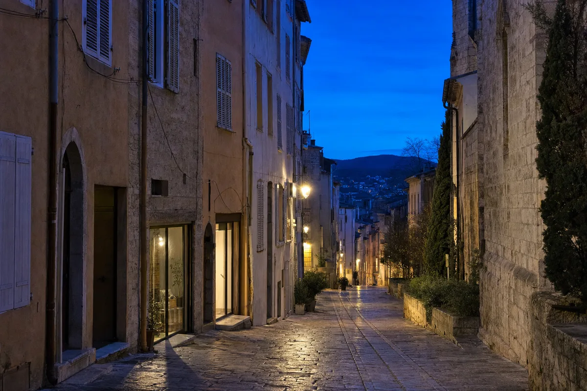 Rue du centre ancien de Draguignan à la tombée du jour, éclairage urbain allumé