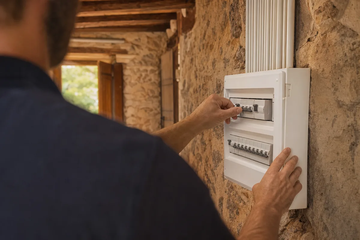 Main d&rsquo;un électricien réarmant un différentiel sur un tableau électrique de mas provençal