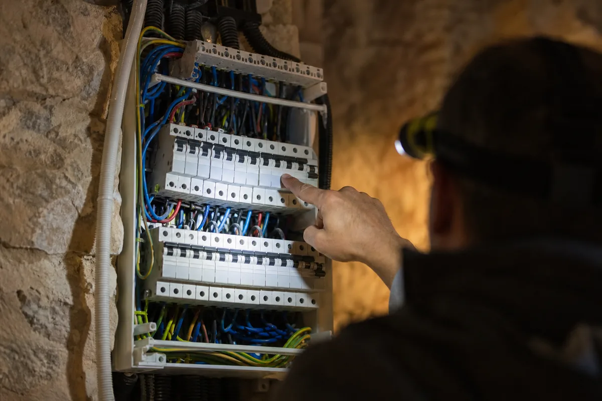 Tableau électrique ouvert d’un mas rénové avec disjoncteurs alignés lors d’un diagnostic