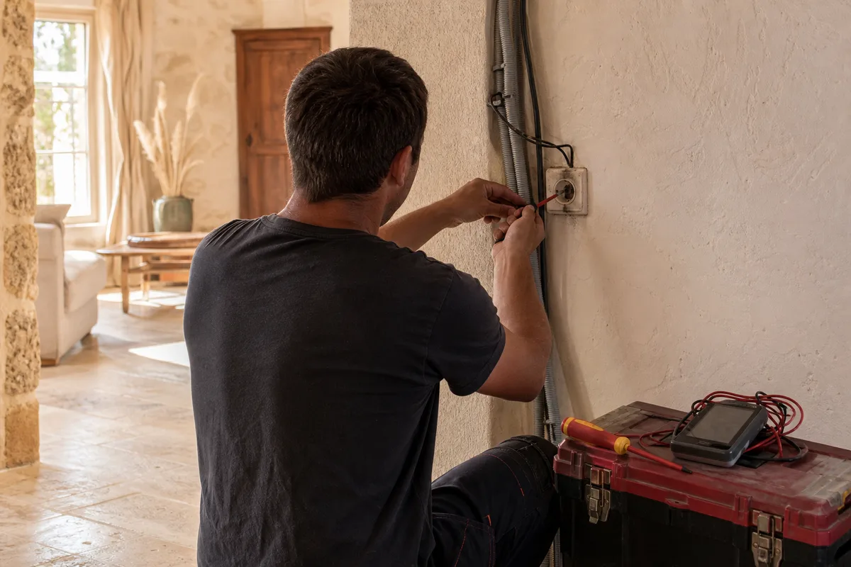 Main d&rsquo;électricien testant un disjoncteur différentiel sur un tableau mural