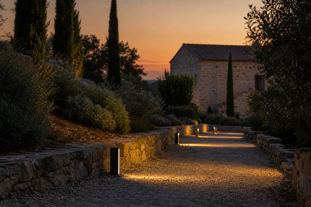 Allée de jardin balisée par des bornes lumineuses LED devant une façade en pierre provençale à la tombée du soir
