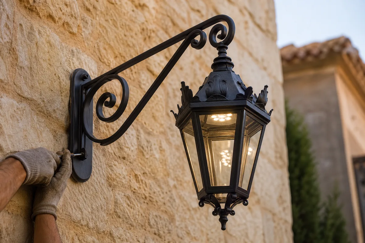 Lanterne en fer forgé restaurée fixée sur une potence murale d&rsquo;une bastide varoise au crépuscule