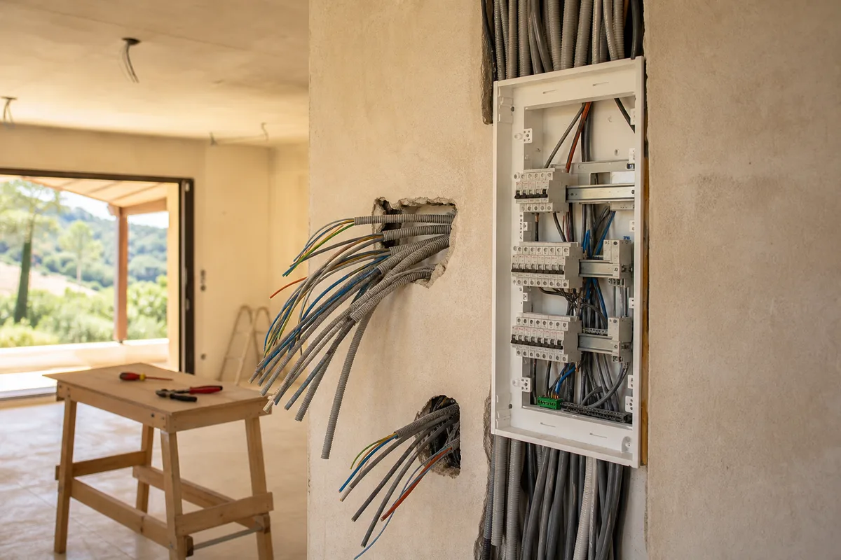 Tableau électrique neuf et gaines apparentes dans une villa en chantier de la Dracénie