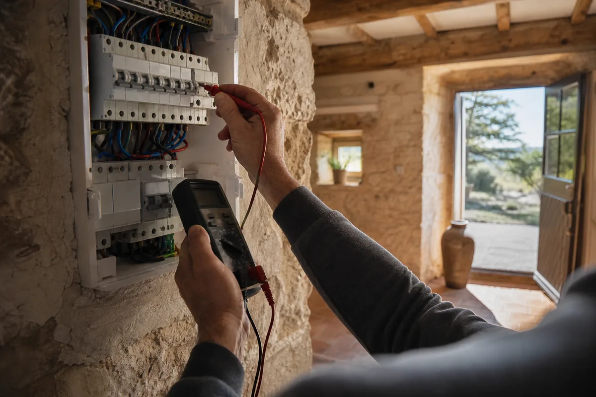 Électricien vérifiant un tableau divisionnaire dans un mas rénové sous la lumière chaude du Var