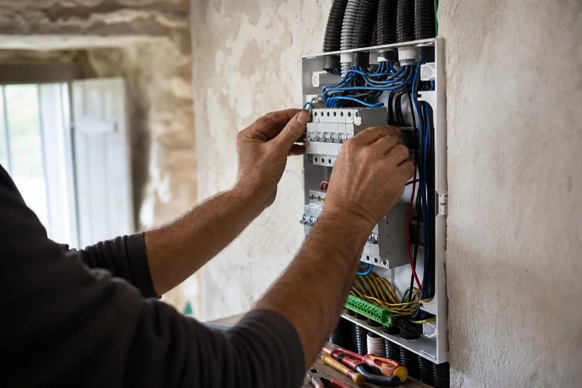 Mains d&rsquo;électricien intervenant sur un tableau électrique moderne dans une bastide provençale rénovée