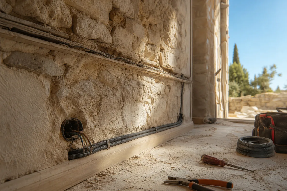 Rénovation électrique d&rsquo;un mur en pierre avec anciennes gaines et fils apparents dans un mas ancien du Var