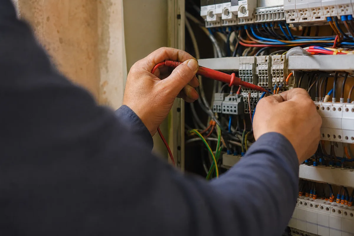 Électricien contrôlant les connexions d&rsquo;une armoire électrique en local professionnel
