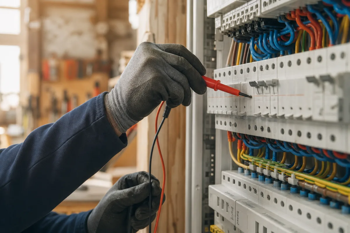 Électricien contrôlant un tableau électrique moderne lors d&rsquo;une rénovation