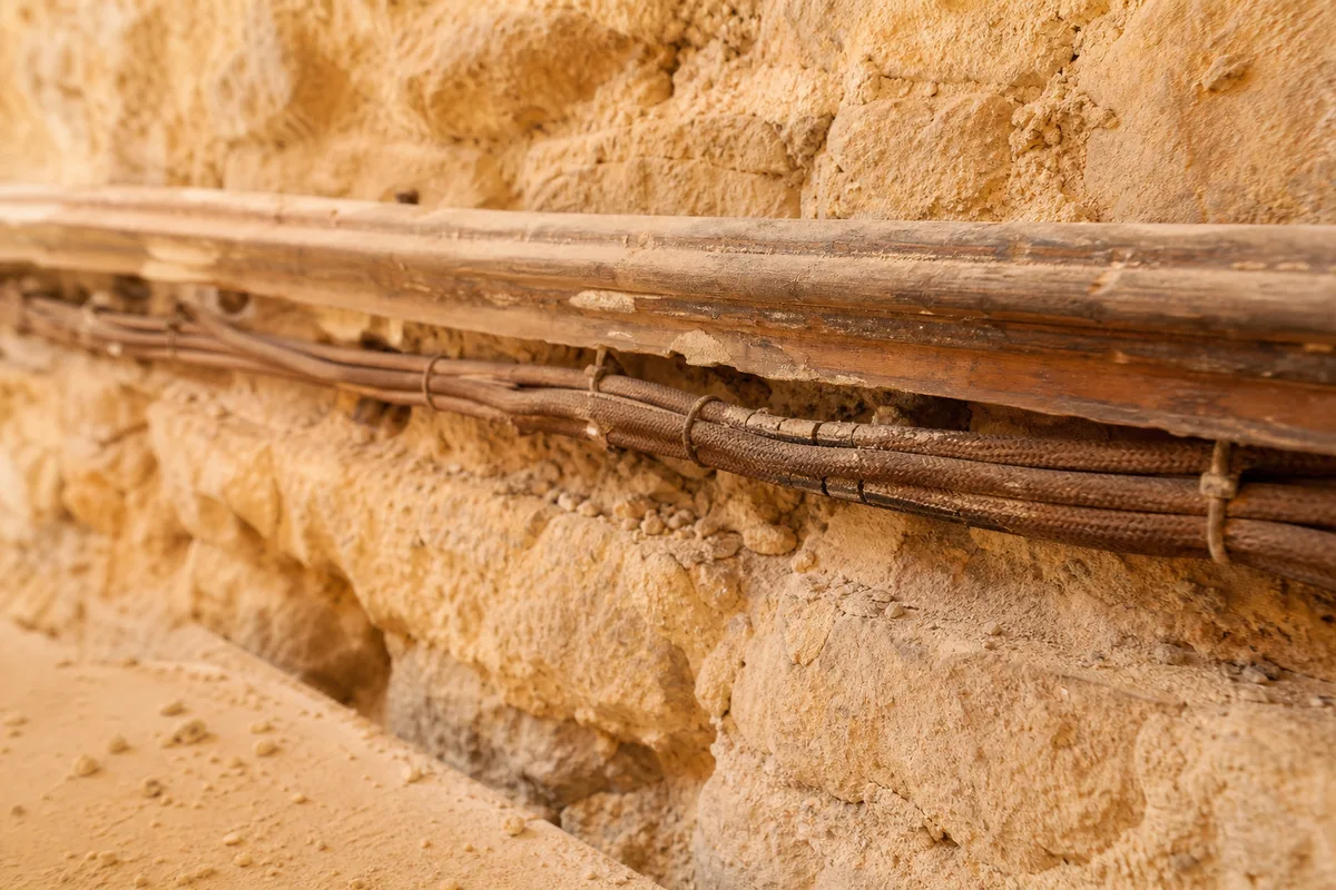 Anciens fils électriques sous moulure sur un mur en pierre d&rsquo;un mas en rénovation