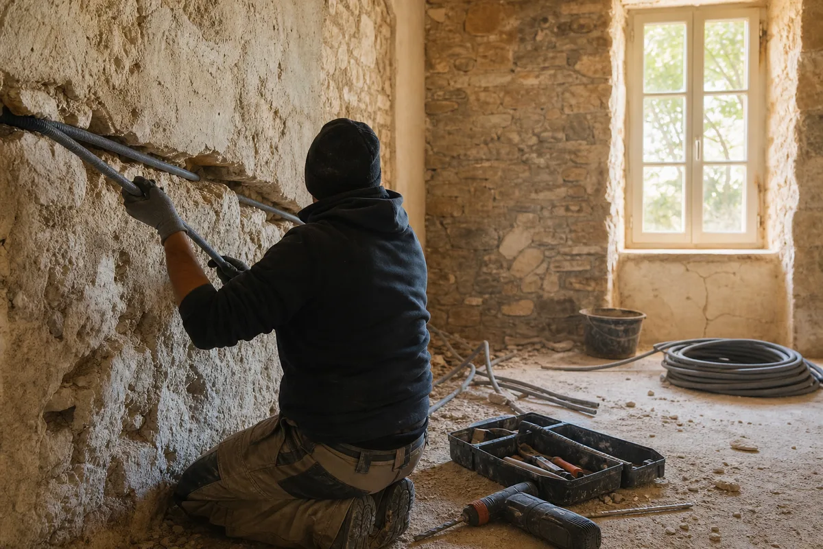 Électricien tirant de nouvelles gaines lors d&rsquo;une rénovation d&rsquo;installation électrique