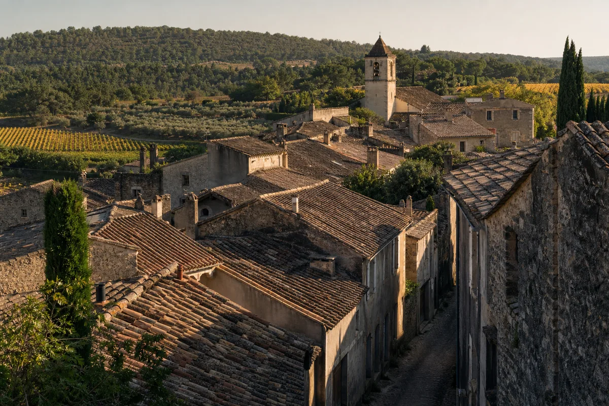 Toits de tuiles d&rsquo;un village de l&rsquo;arrière-pays varois entourés de vignes et d&rsquo;oliviers au coucher du soleil