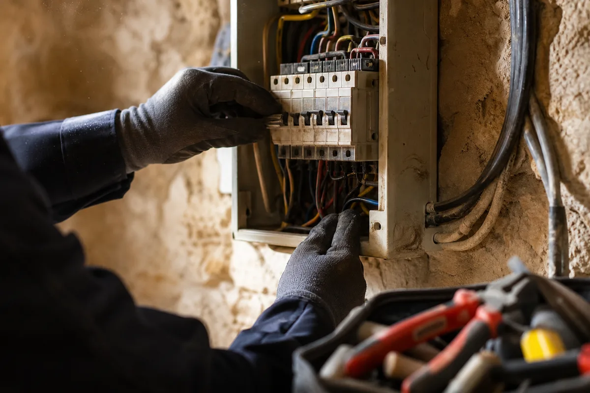 Mains d&rsquo;un électricien intervenant sur un tableau électrique ancien dans un mas provençal aux murs de pierre